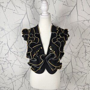 Simon Chang Artsy Ruffle Zipper Open Front Cropped Vest